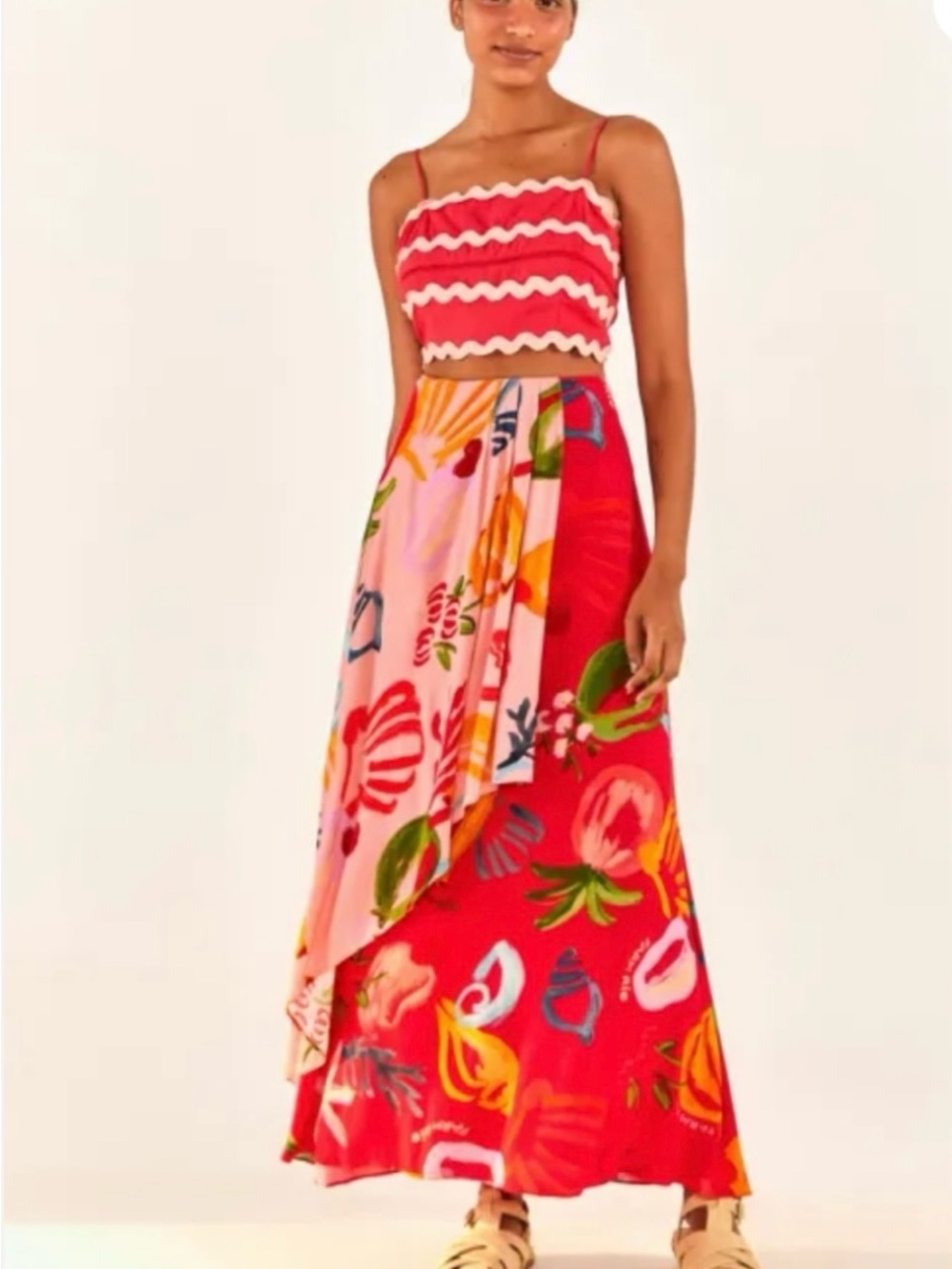 FARM Rio Mixed Fruits Red and Pink Floral Maxi Skirt, NWT
